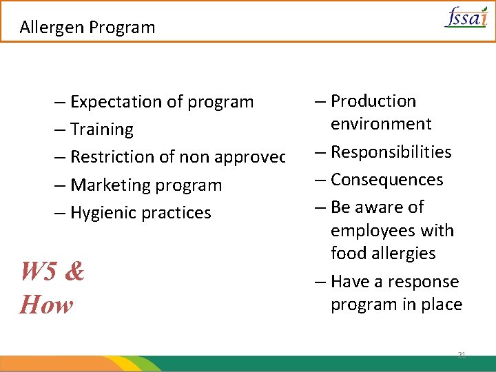 Allergen Program – Production – Expectation of program environment – Training – Responsibilities –