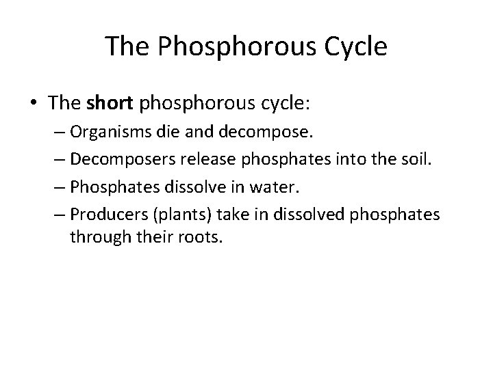 The Phosphorous Cycle • The short phosphorous cycle: – Organisms die and decompose. –