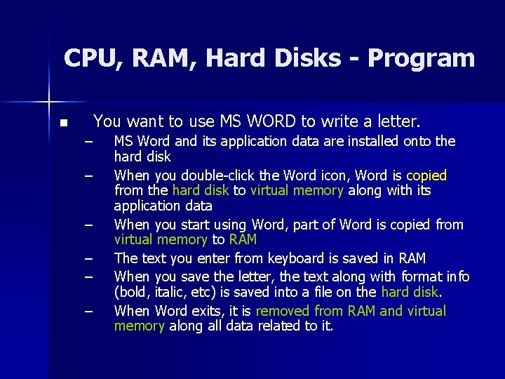 CPU, RAM, Hard Disks - Program n You want to use MS WORD to