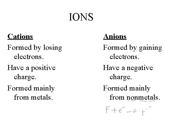 IONS Cations Formed by losing electrons. Have a positive charge. Formed mainly from metals.