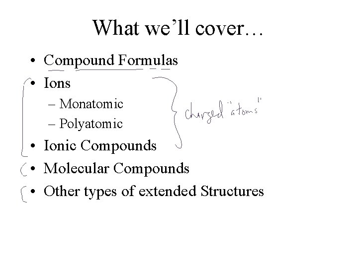 What we’ll cover… • Compound Formulas • Ions – Monatomic – Polyatomic • Ionic