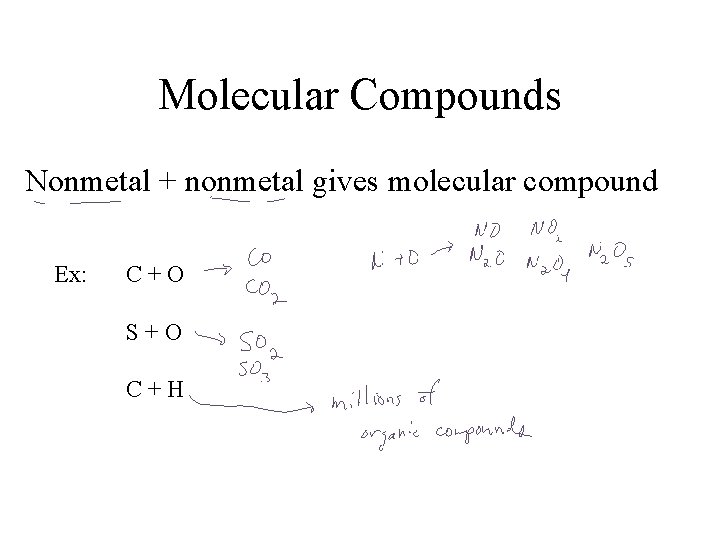 Molecular Compounds Nonmetal + nonmetal gives molecular compound Ex: C+O S+O C+H 