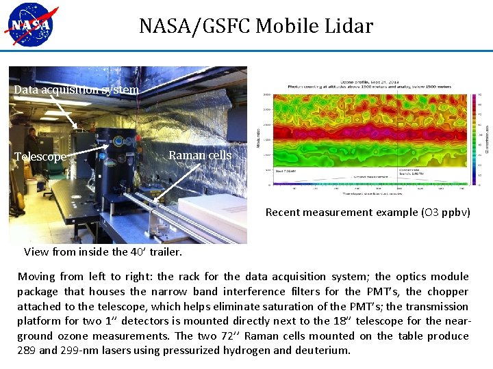 NASA/GSFC Mobile Lidar Data acquisition system Telescope Raman cells Recent measurement example (O 3