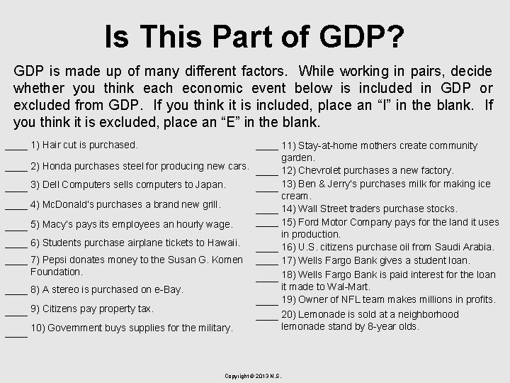 Is This Part of GDP? GDP is made up of many different factors. While