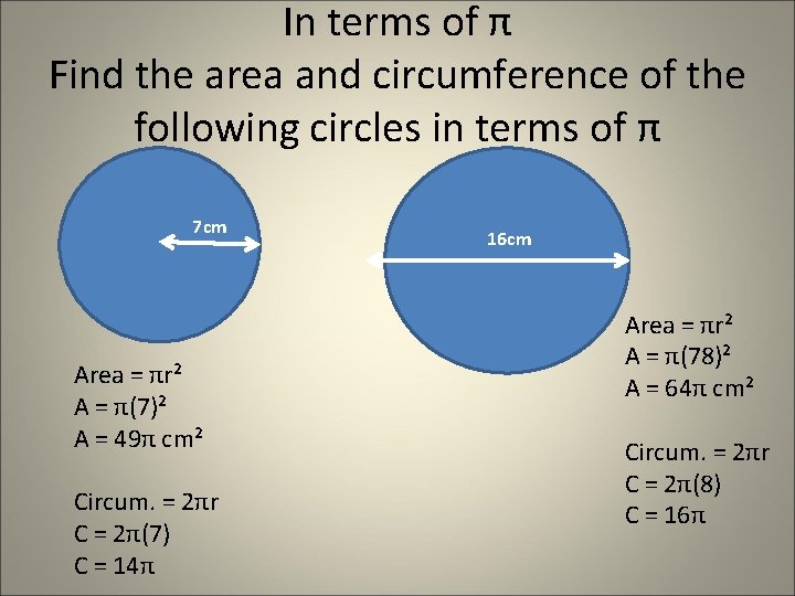 In terms of π Find the area and circumference of the following circles in In terms of π Find the area and circumference of the following circles in
