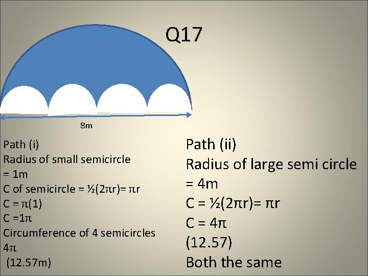 Q 17 8 m Path (i) Radius of small semicircle = 1 m C Q 17 8 m Path (i) Radius of small semicircle = 1 m C
