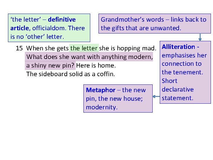 ‘the letter’ – definitive article, officialdom. There is no ‘other’ letter. Grandmother’s words –