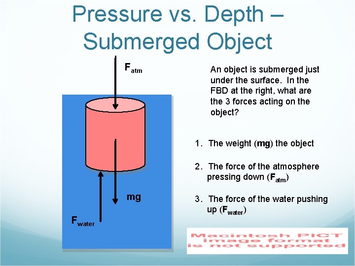 Pressure vs. Depth – Submerged Object Fatm An object is submerged just under the