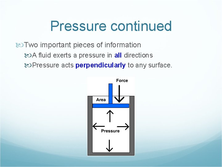 Pressure continued Two important pieces of information A fluid exerts a pressure in all