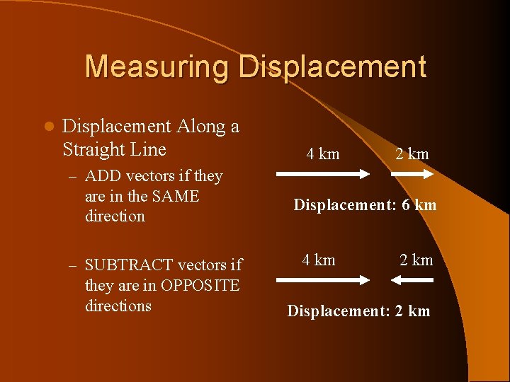 Measuring Displacement l Displacement Along a Straight Line 4 km 2 km – ADD