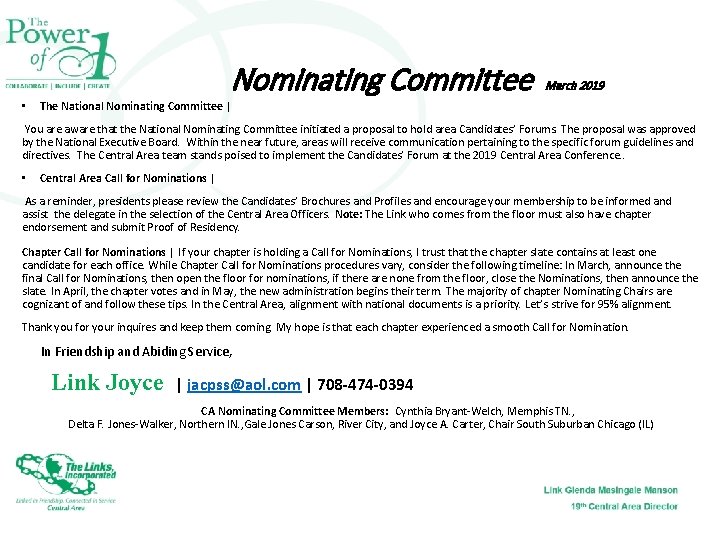 Nominating Committee • March 2019 The National Nominating Committee | You are aware that