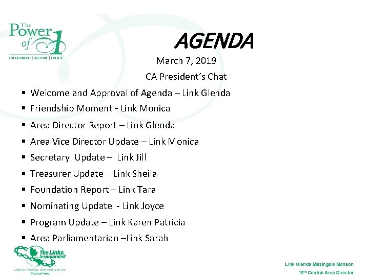 AGENDA March 7, 2019 CA President’s Chat § Welcome and Approval of Agenda –