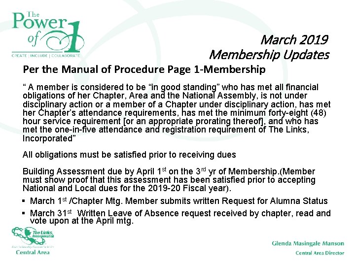 March 2019 Membership Updates Per the Manual of Procedure Page 1 -Membership “ A