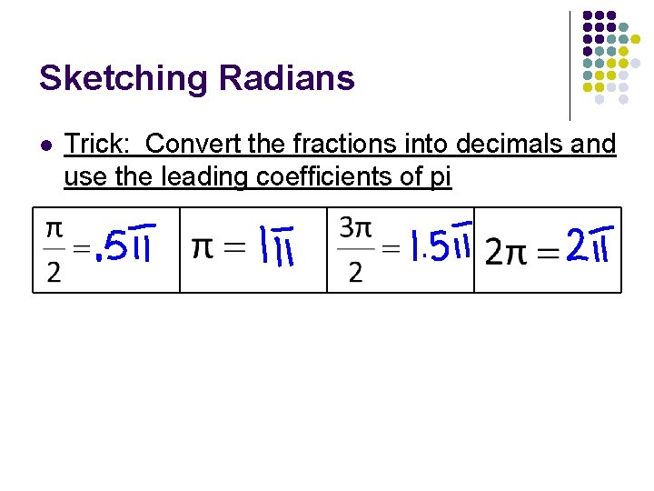 Sketching Radians l Trick: Convert the fractions into decimals and use the leading coefficients