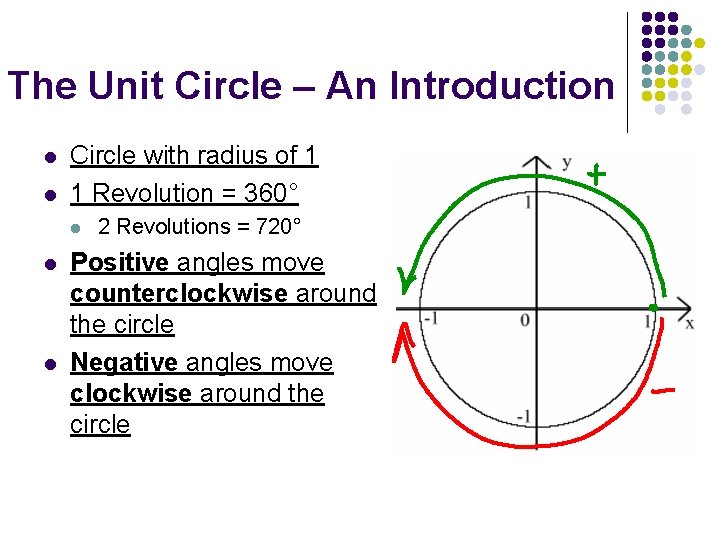 The Unit Circle – An Introduction l l Circle with radius of 1 1