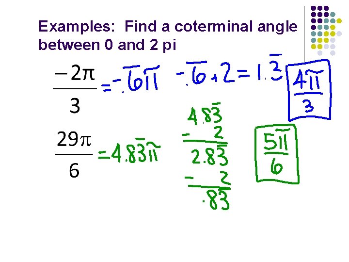 Examples: Find a coterminal angle between 0 and 2 pi 