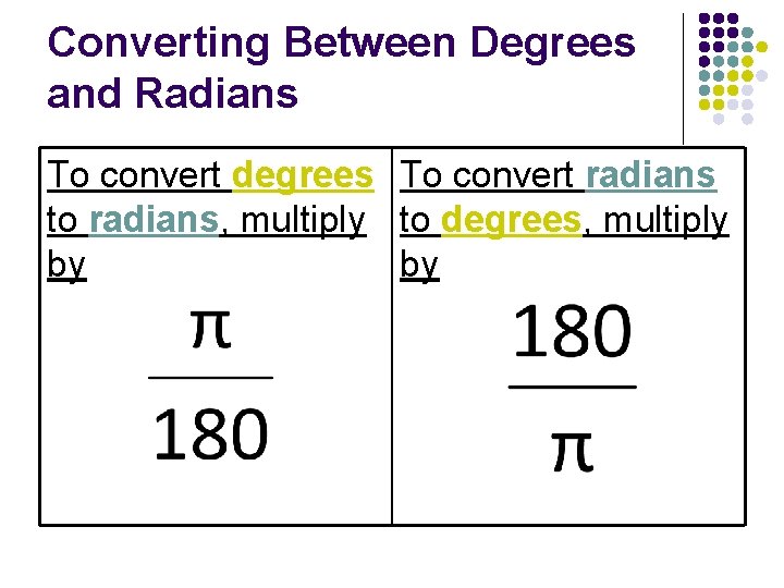 Converting Between Degrees and Radians To convert degrees To convert radians to radians, multiply