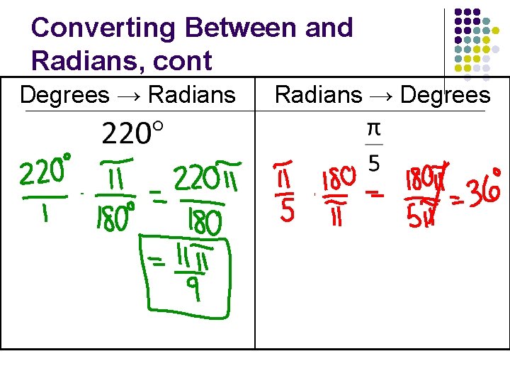 Converting Between and Radians, cont Degrees → Radians → Degrees 