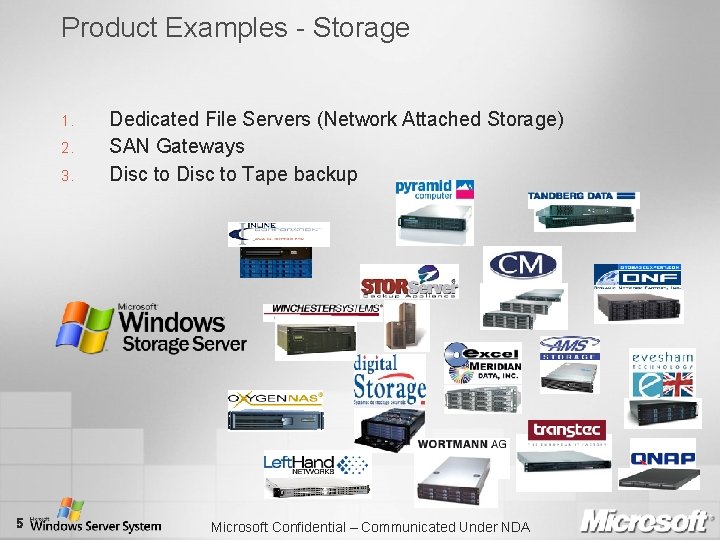 Product Examples - Storage 1. 2. 3. 5 Dedicated File Servers (Network Attached Storage)