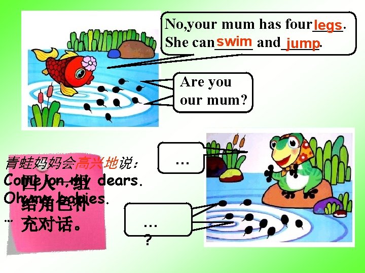 No, your mum has four____. legs swim and_____. She can_____ jump Are you our