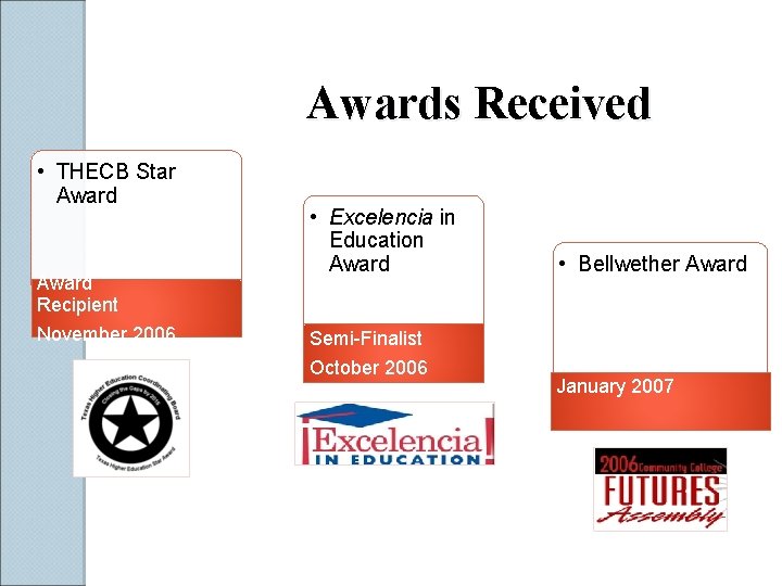 Awards Received • THECB Star Award Recipient November 2006 • Excelencia in Education Award