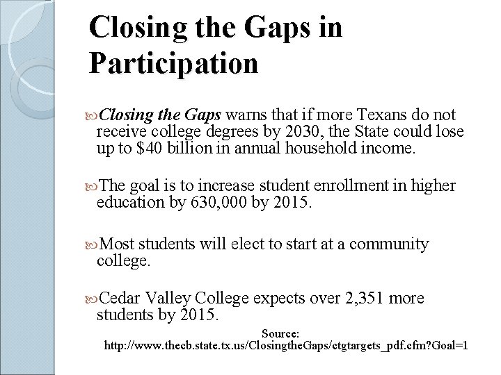 Closing the Gaps in Participation Closing the Gaps warns that if more Texans do