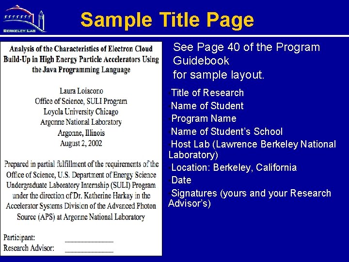 Sample Title Page See Page 40 of the Program Guidebook for sample layout. •