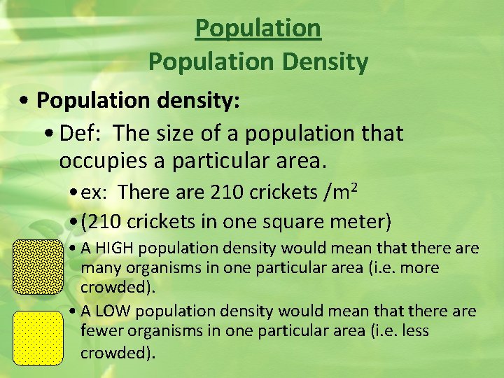 Population Density • Population density: • Def: The size of a population that occupies