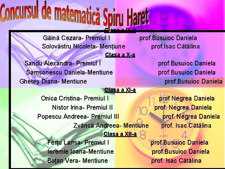 Clasa a IX-a Găină Cezara- Premiul I Solovăstru Nicoleta- Menţiune prof. Busuioc Daniela prof. Clasa a IX-a Găină Cezara- Premiul I Solovăstru Nicoleta- Menţiune prof. Busuioc Daniela prof.