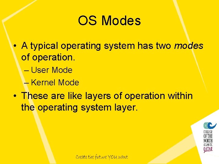 OS Modes • A typical operating system has two modes of operation. – User