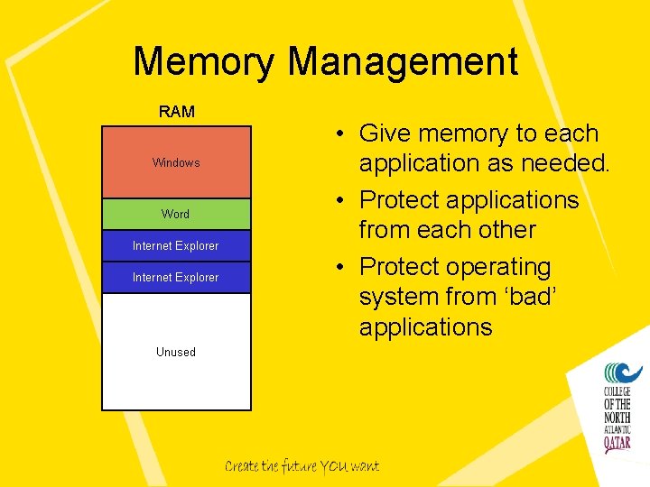 Memory Management RAM Windows Word Internet Explorer Unused • Give memory to each application