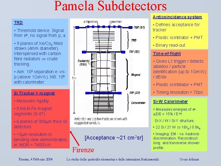 Pamela Subdetectors Anticoincidence system TRD • Defines acceptance for tracker • Threshold device. Signal