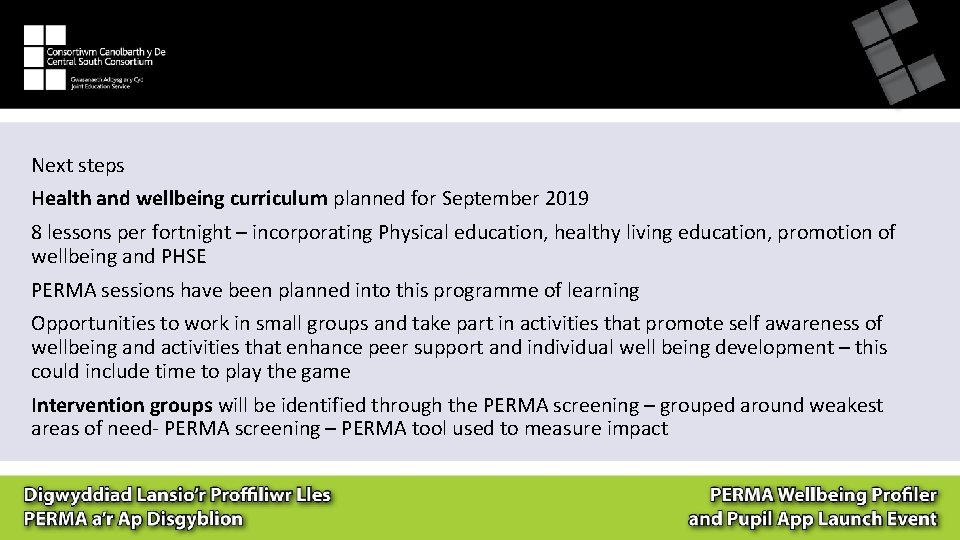 Next steps Health and wellbeing curriculum planned for September 2019 8 lessons per fortnight