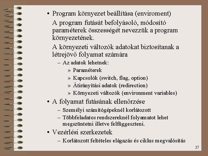  • Program környezet beállítása (enviroment) A program futását befolyásoló, módosító paraméterek összességét nevezzük