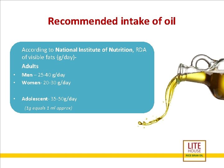 Recommended intake of oil According to National Institute of Nutrition, RDA of visible fats