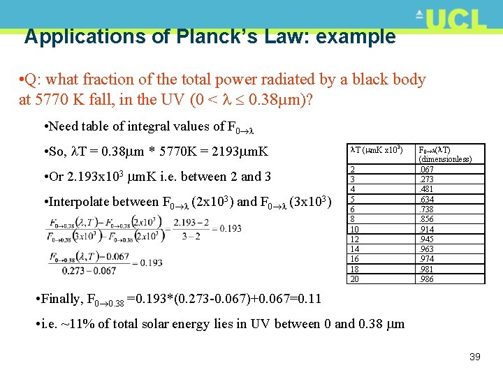 Applications of Planck’s Law: example • Q: what fraction of the total power radiated