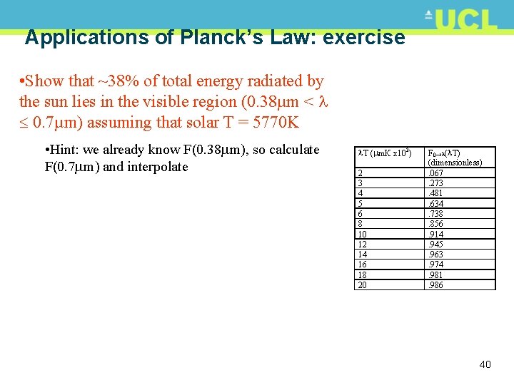 Applications of Planck’s Law: exercise • Show that ~38% of total energy radiated by