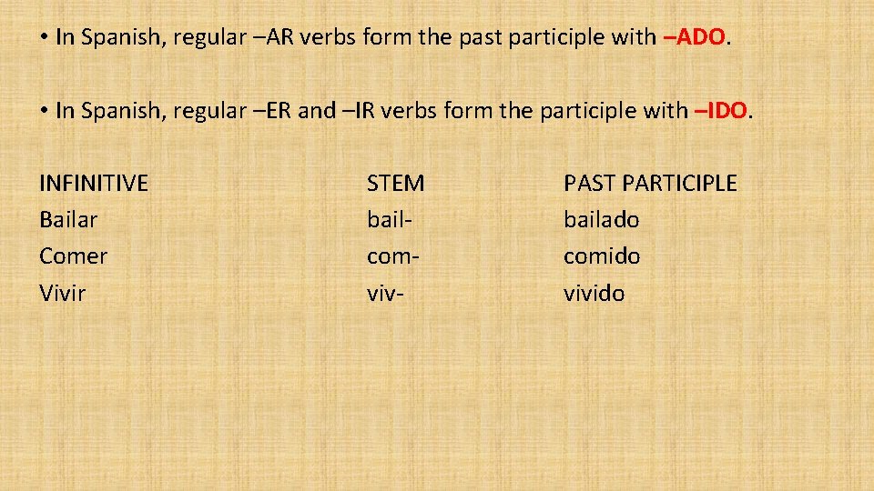  • In Spanish, regular –AR verbs form the past participle with –ADO. •