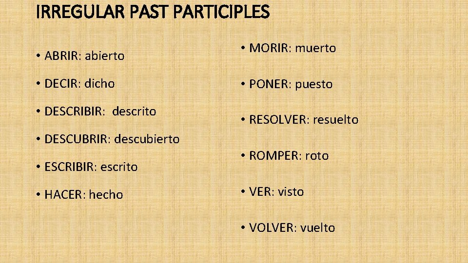 IRREGULAR PAST PARTICIPLES • ABRIR: abierto • DECIR: dicho • DESCRIBIR: descrito • MORIR: