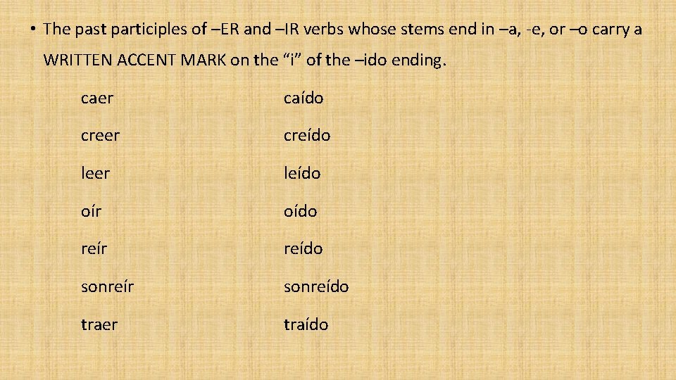  • The past participles of –ER and –IR verbs whose stems end in