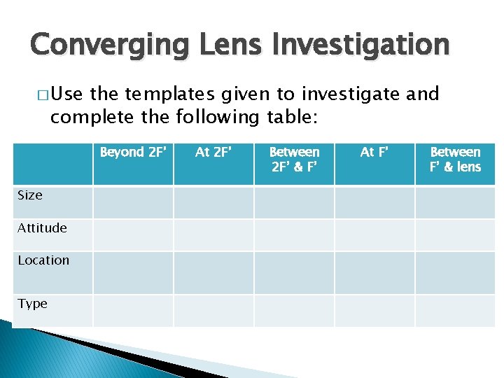 Converging Lens Investigation � Use the templates given to investigate and complete the following