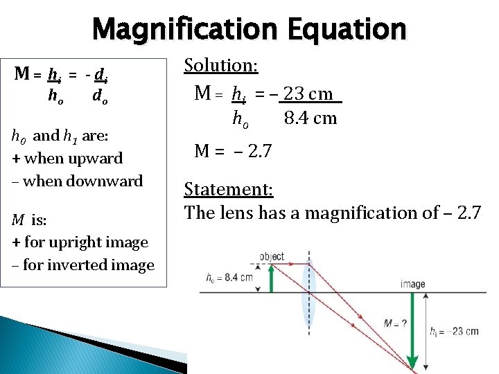 Magnification Equation M = hi = - d i ho do h 0 and