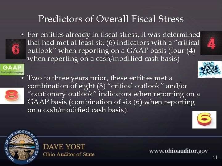 Predictors of Overall Fiscal Stress • For entities already in fiscal stress, it was