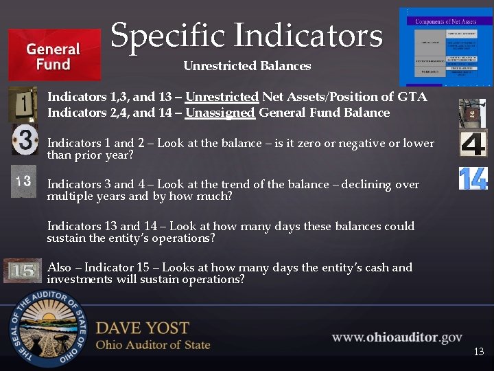 Specific Indicators Unrestricted Balances Indicators 1, 3, and 13 – Unrestricted Net Assets/Position of