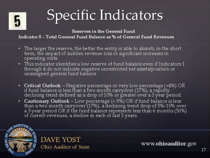 Specific Indicators Reserves in the General Fund Indicator 5 – Total General Fund Balance