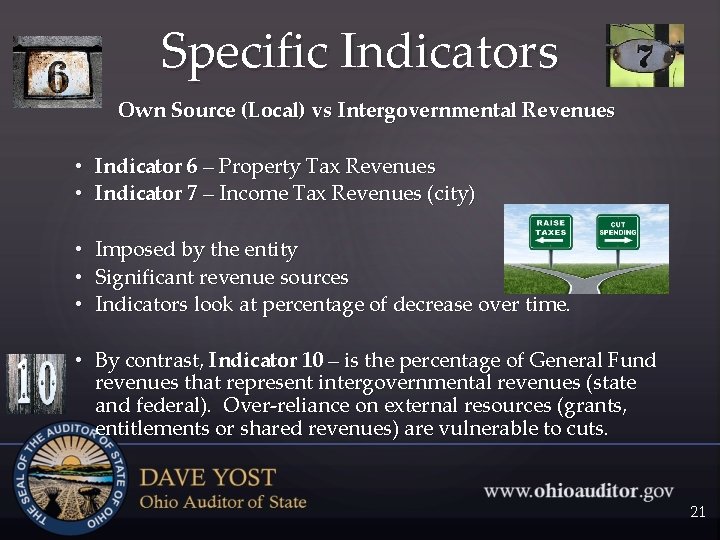 Specific Indicators Own Source (Local) vs Intergovernmental Revenues • Indicator 6 – Property Tax