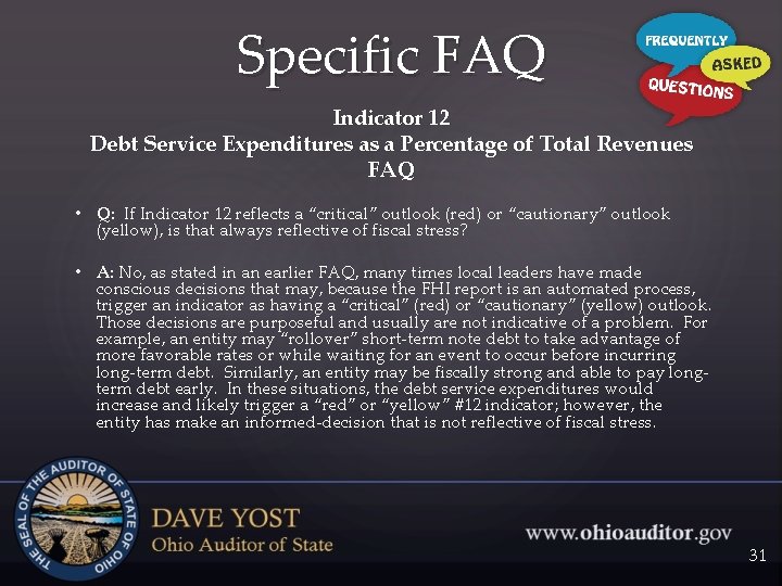 Specific FAQ Indicator 12 Debt Service Expenditures as a Percentage of Total Revenues FAQ