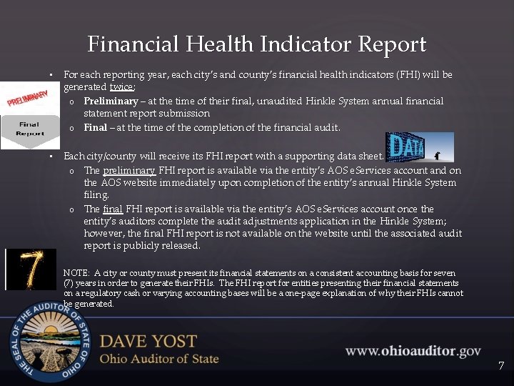 Financial Health Indicator Report • For each reporting year, each city’s and county’s financial