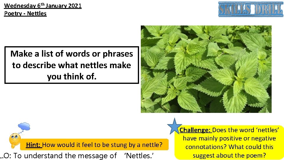 Wednesday 6 th January 2021 Poetry - Nettles Make a list of words or