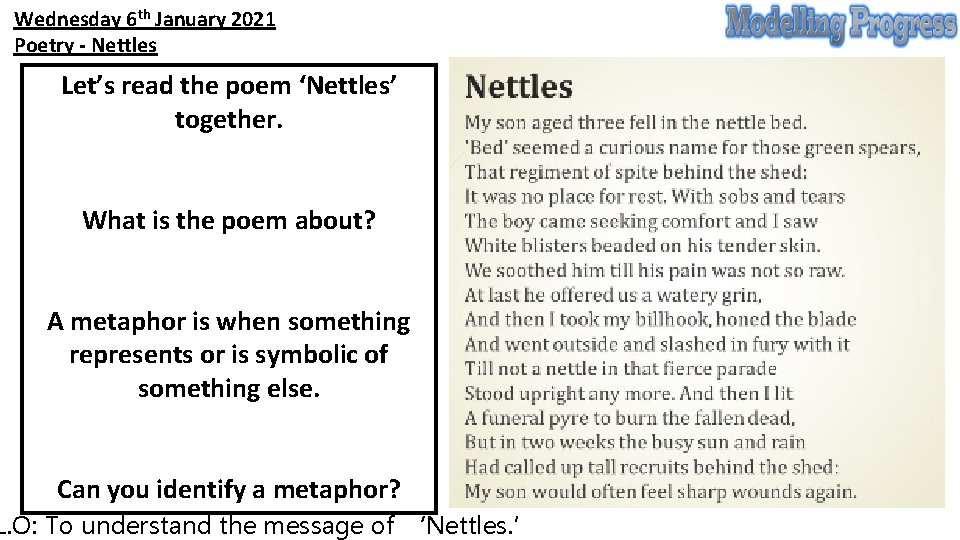 Wednesday 6 th January 2021 Poetry - Nettles Let’s read the poem ‘Nettles’ together.